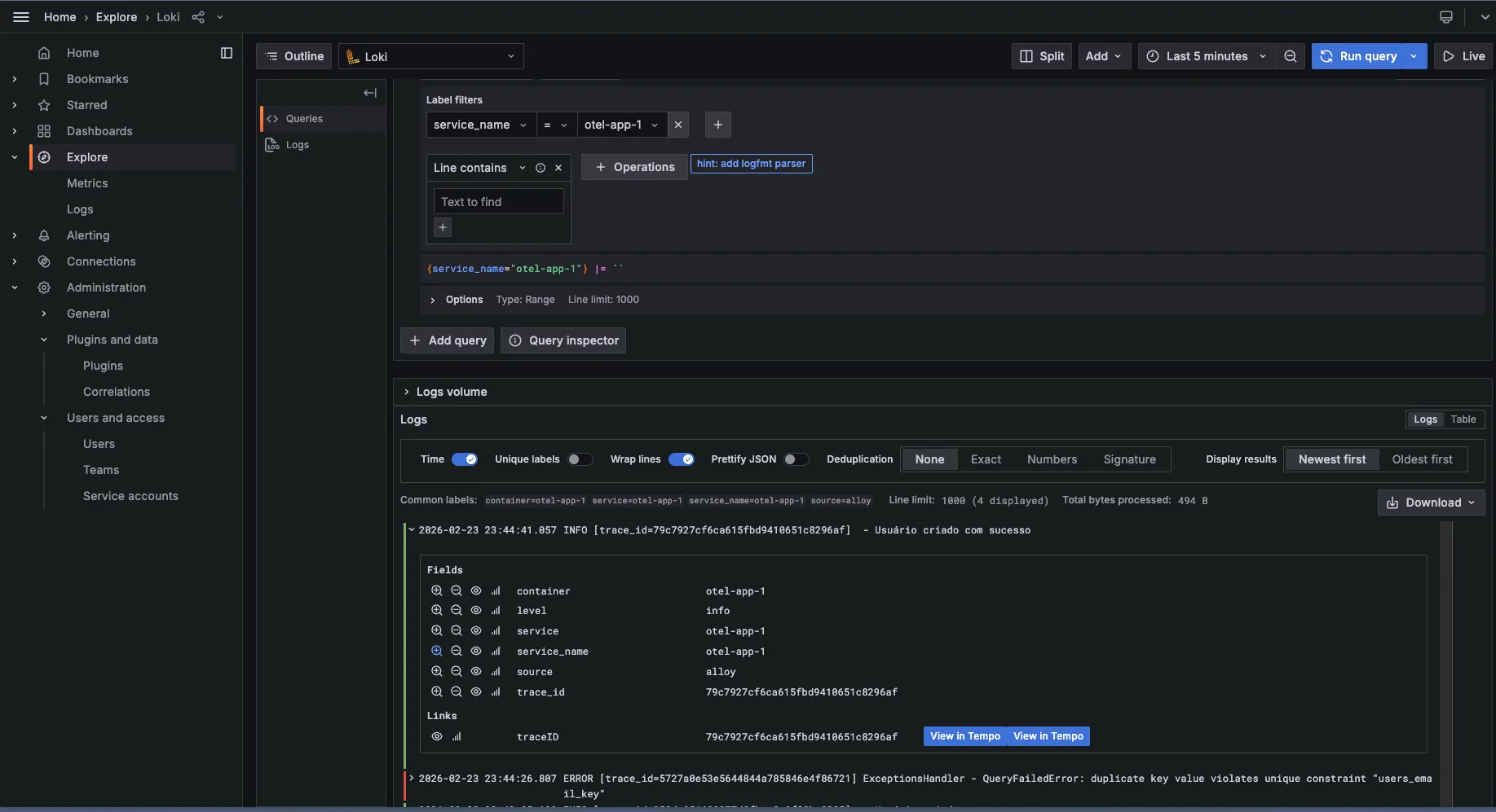 Grafana Explore with Loki and service_name filter