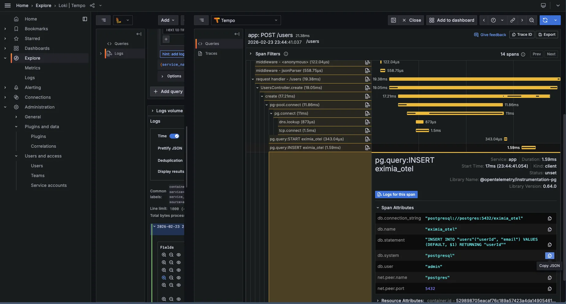 Trace in Grafana Tempo with Express and database spans