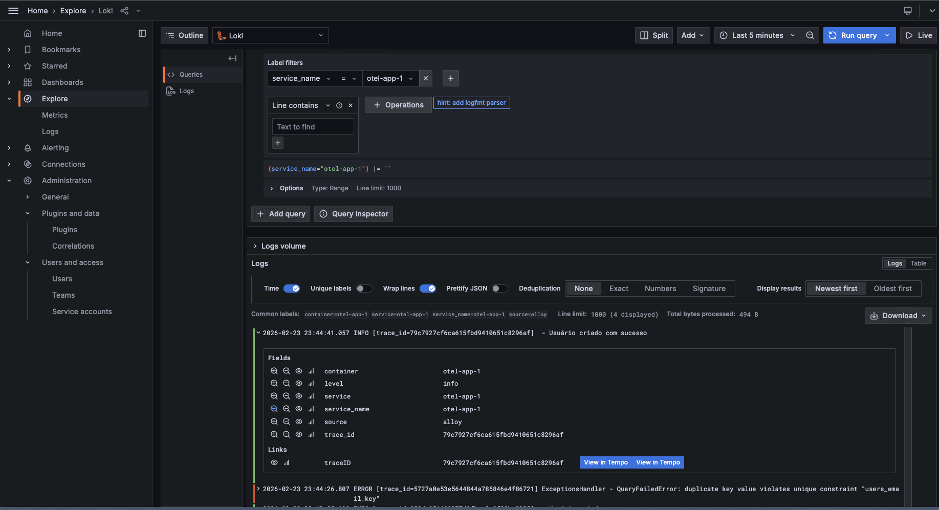 Grafana Explore with Loki and service_name filter