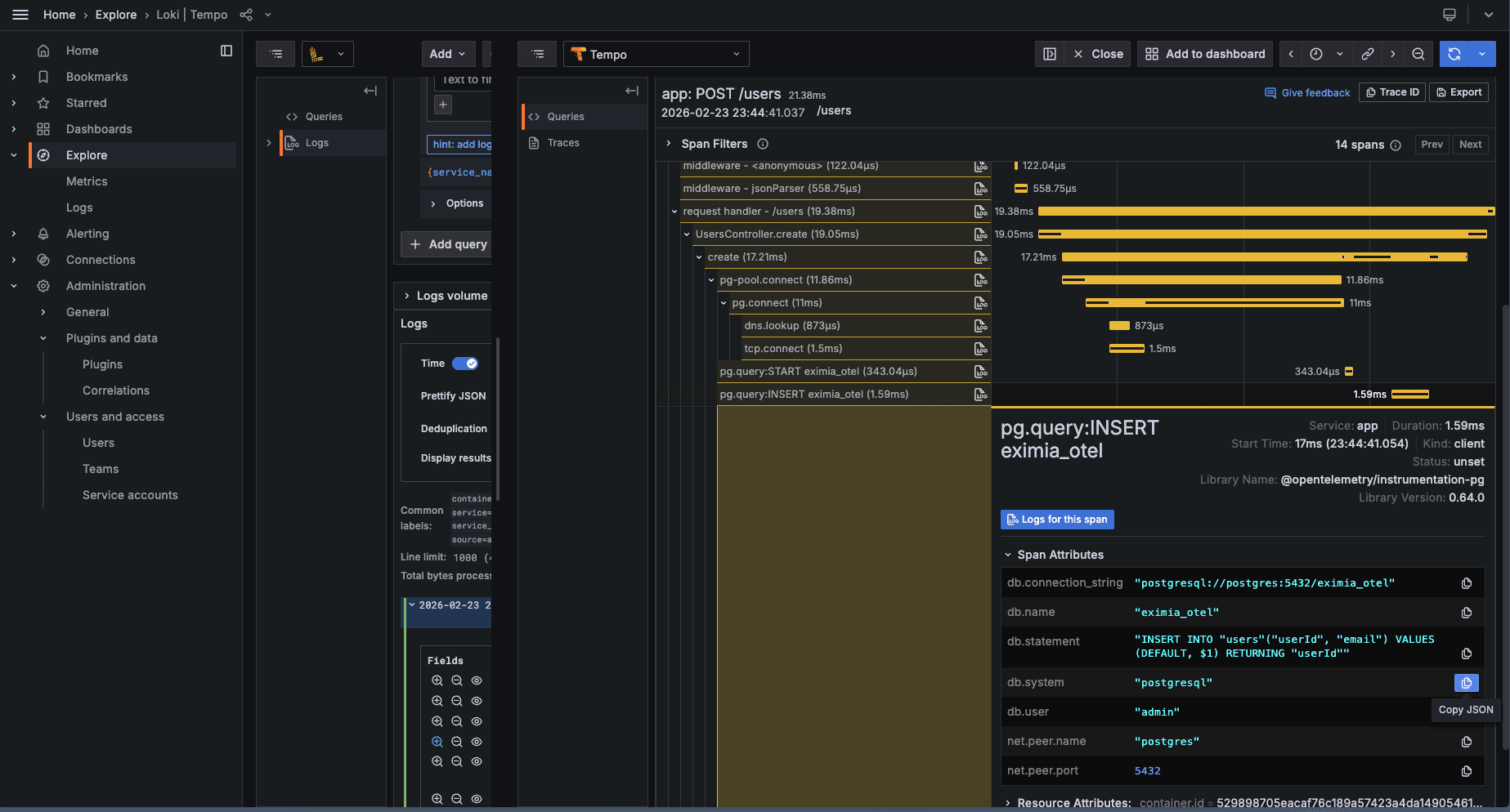 Trace in Grafana Tempo with Express and database spans